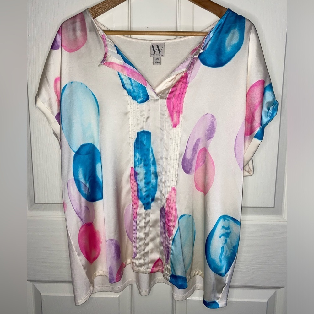 Worthington White Satin Blouse XXL | Bubble Print | Pink Purple Blue Circles